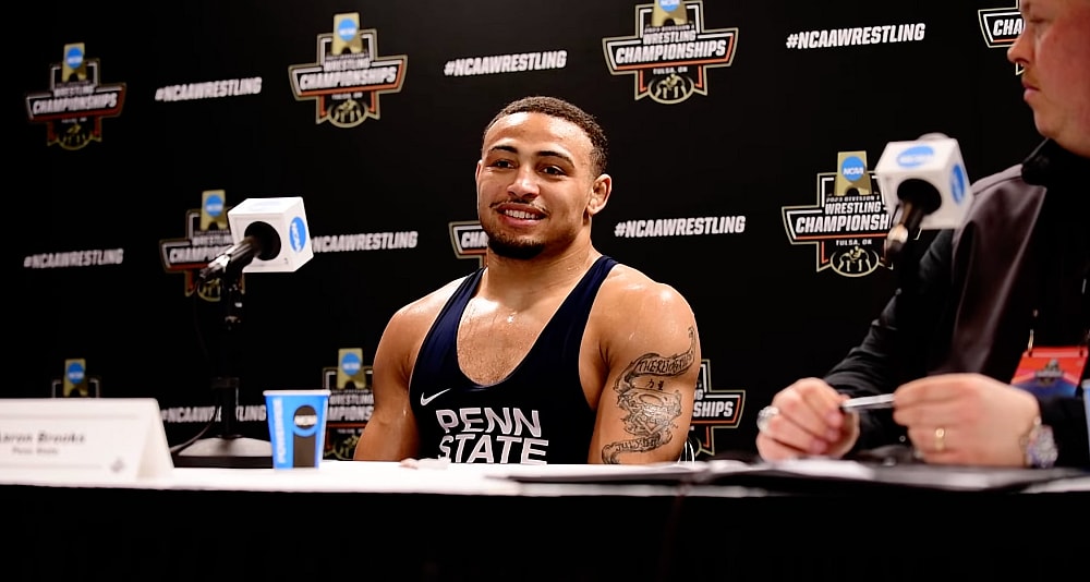 Aaron Brooks after winning the 184-pound title at the 2023 NCAA Championships in Tulsa, Okla.