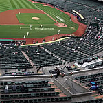 Elevated shot of an almost empty Oakland Coliseum during a game