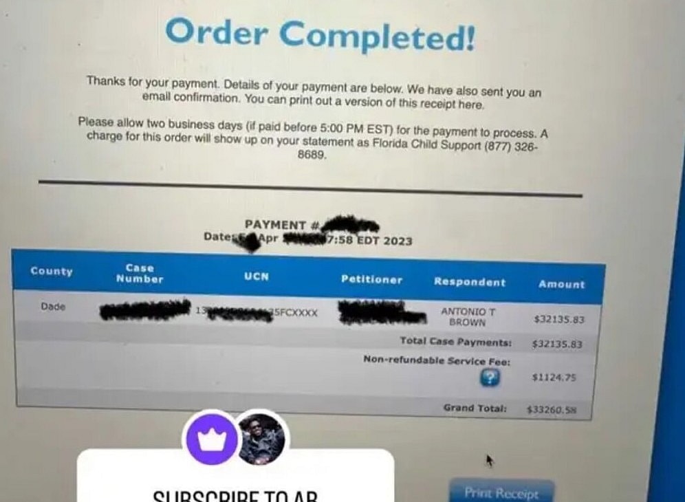 Antonio Brown child support payment screen