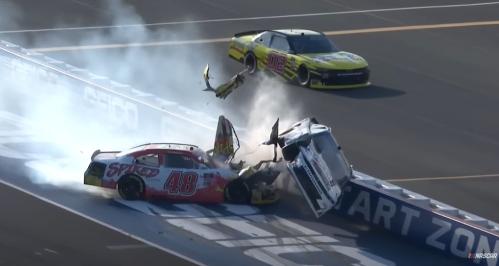 WATCH Jeb Burton Slides Down The Front Stretch On His Roof After