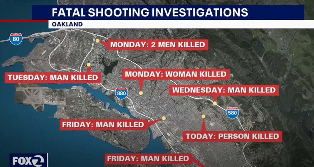 News report map of recent murders in Oakland, California