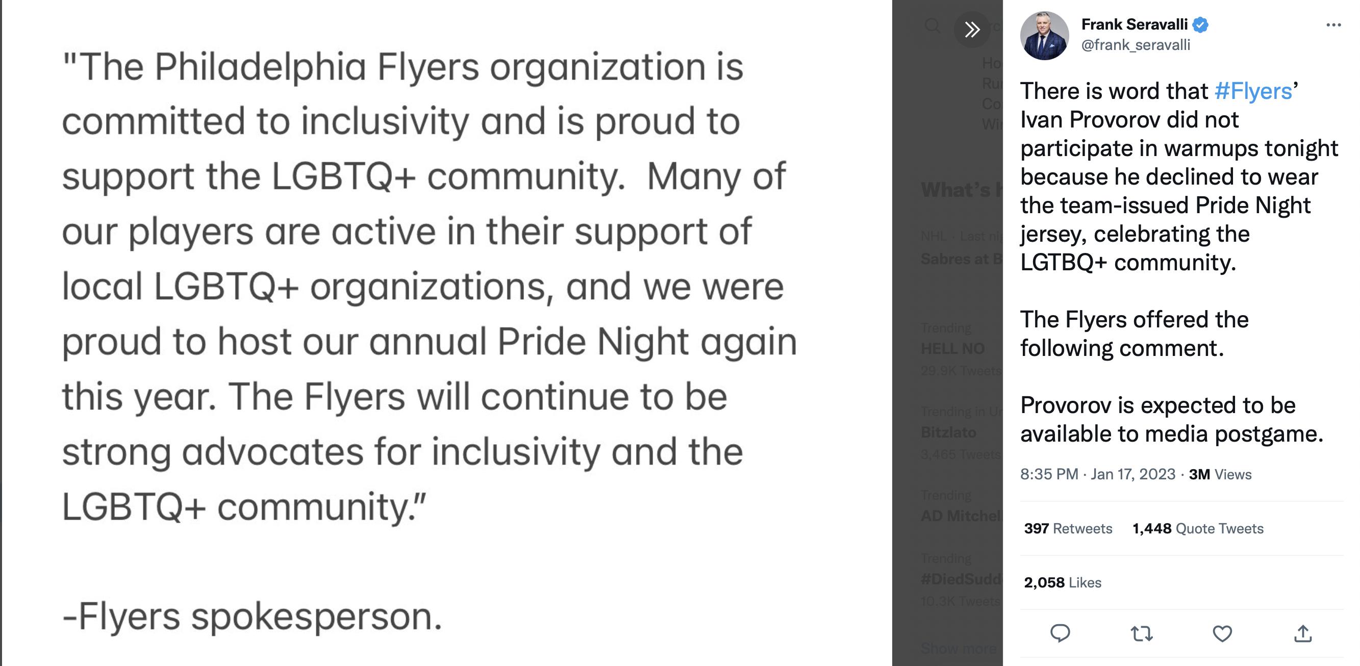Philadelphia Flyer's Ivan Provorov refused to wear LGBTQ Pride warmup jersey,  citing religious beliefs – New York Daily News